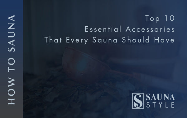 Sauna Accessories; Copper ladle, and birch vihta stacked on sauna bench
