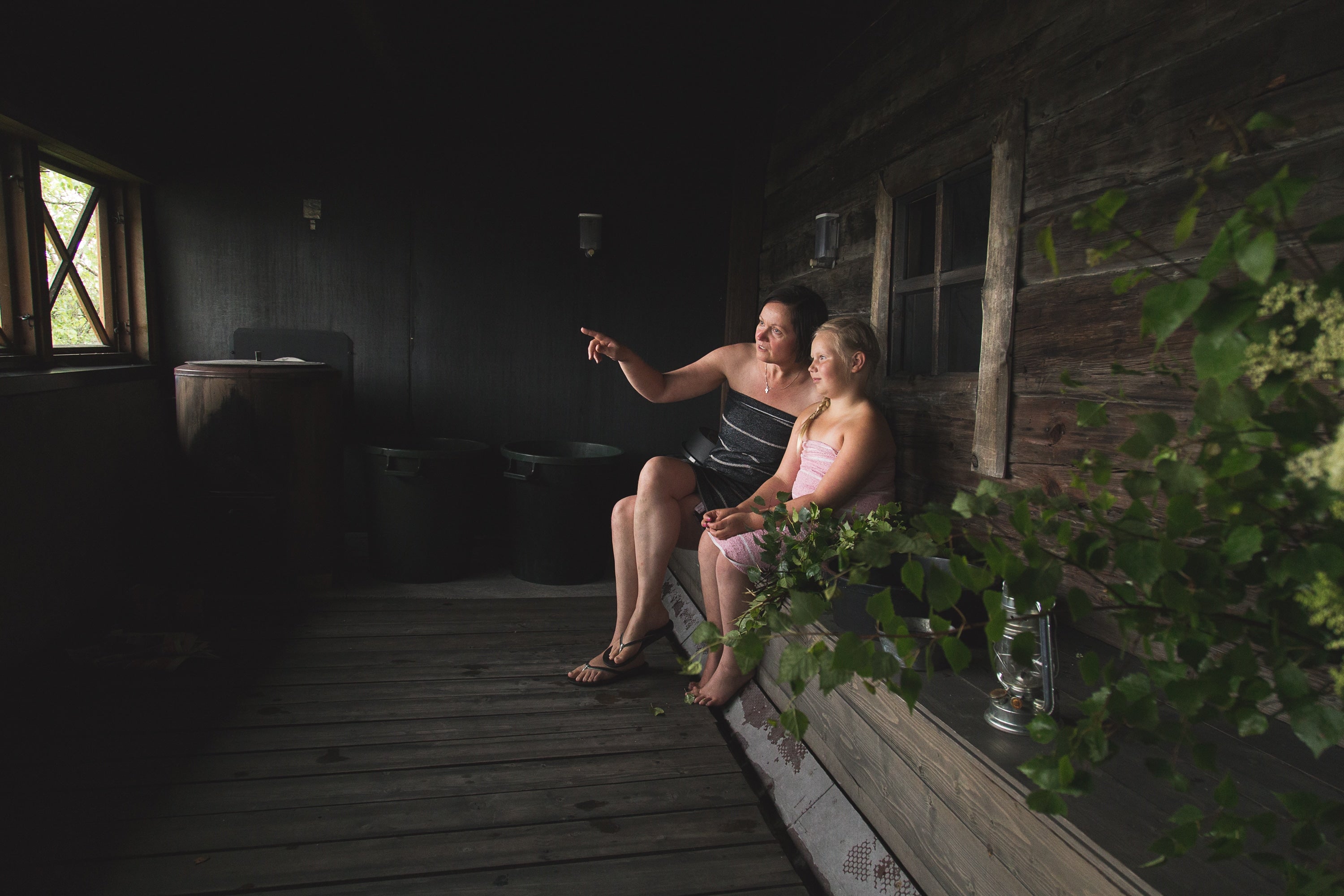 mother and daughter in sauna