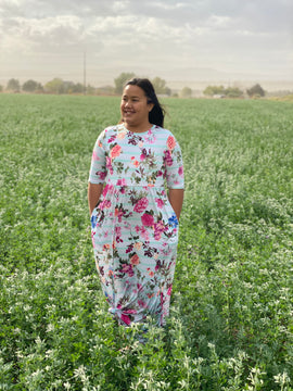 Teal stripe floral maxi dress