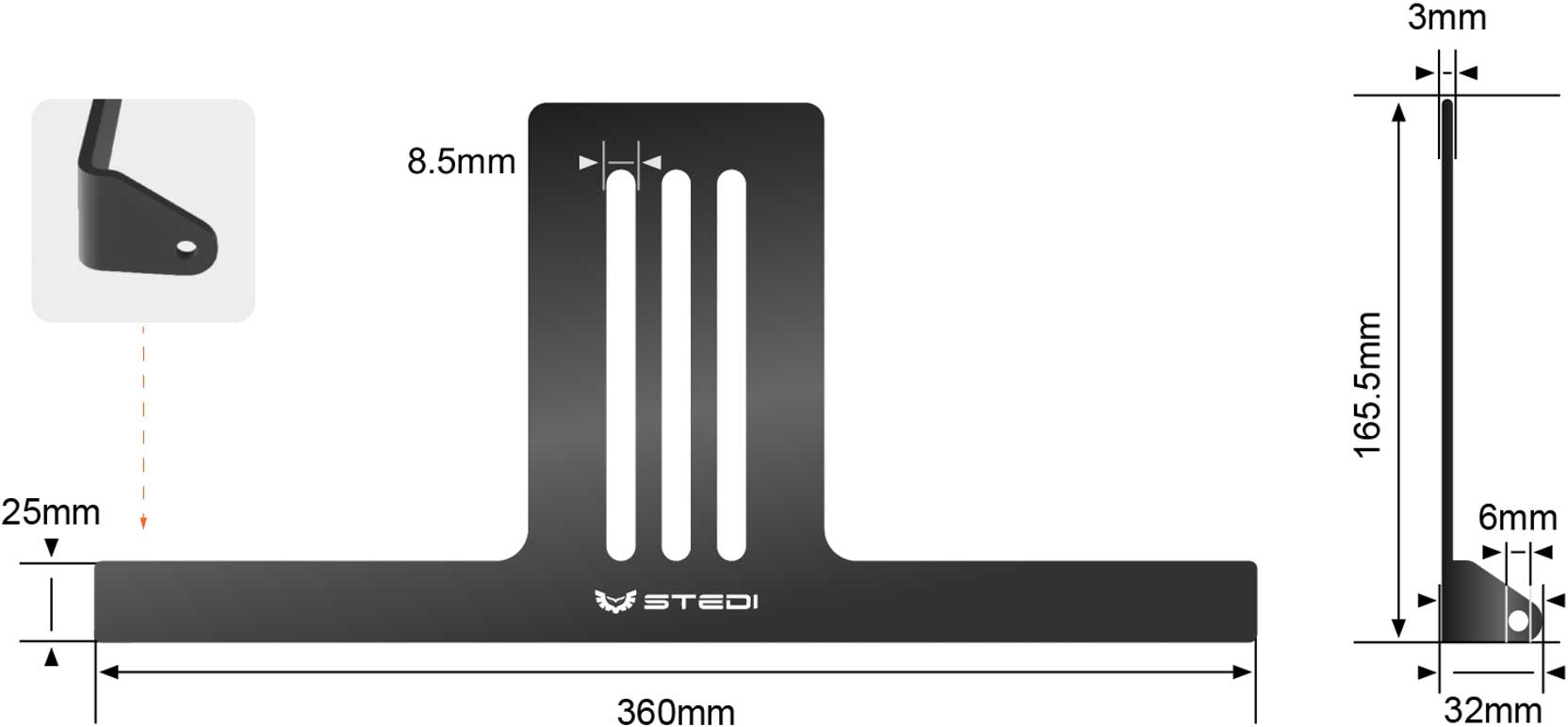 STEDI Roof Rack Light Bracket dimensions for Micro 13.9 Inch