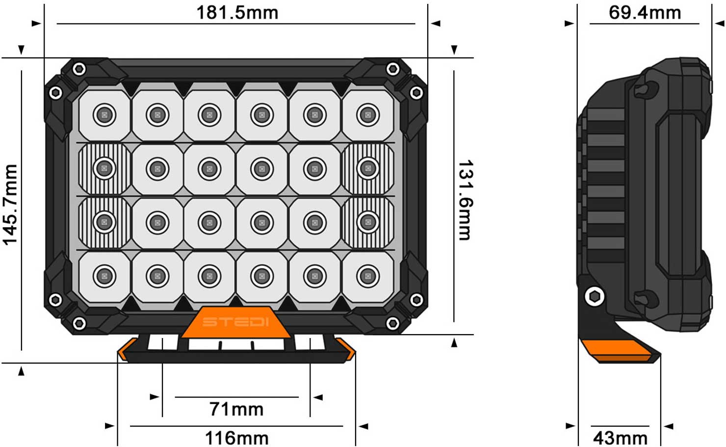 Stedi Quad Pro Single LED Driving Light dimensions