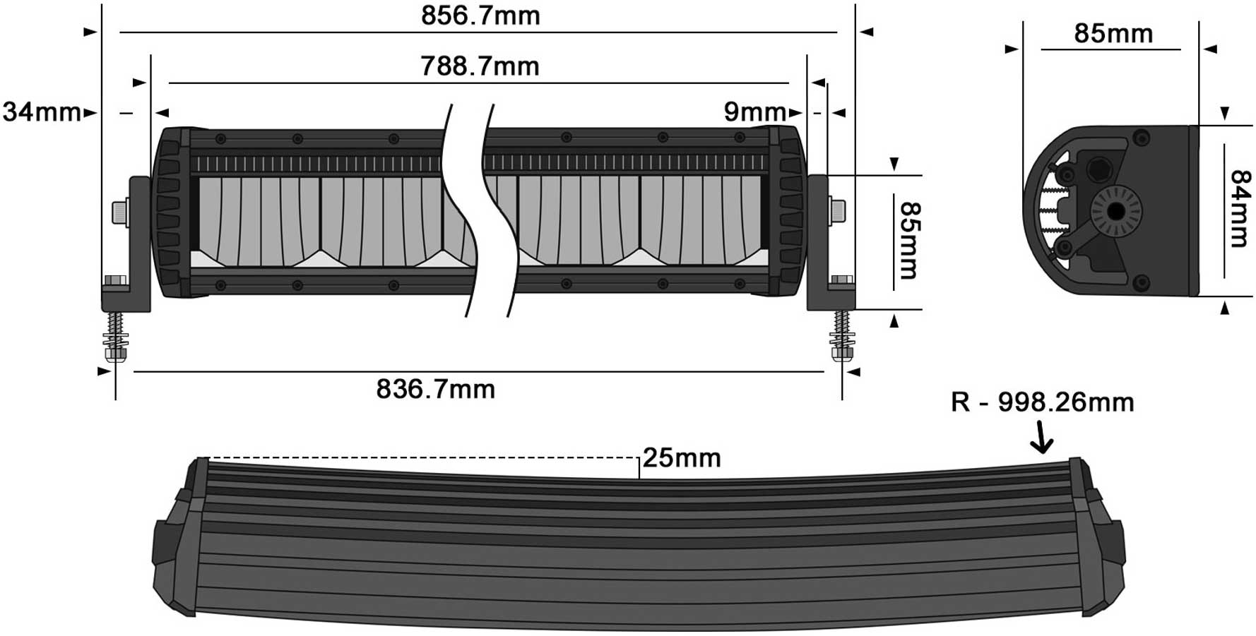 STEDI ST2K Marine White 31 Inch 12 LED Curved Light Bar dimensions