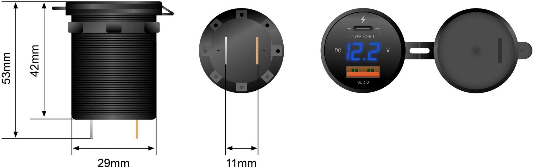 STEDI USB C Volt Meter Flush Mount dimensions
