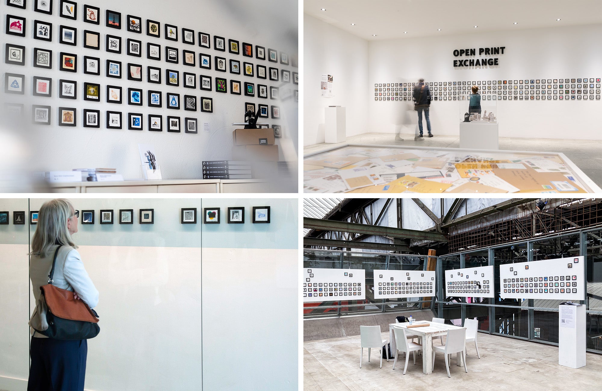 A grid of 4 images of past exhibitions of the Open Print Exchange. The images show tiny framed prints arranged in various ways in galeries.