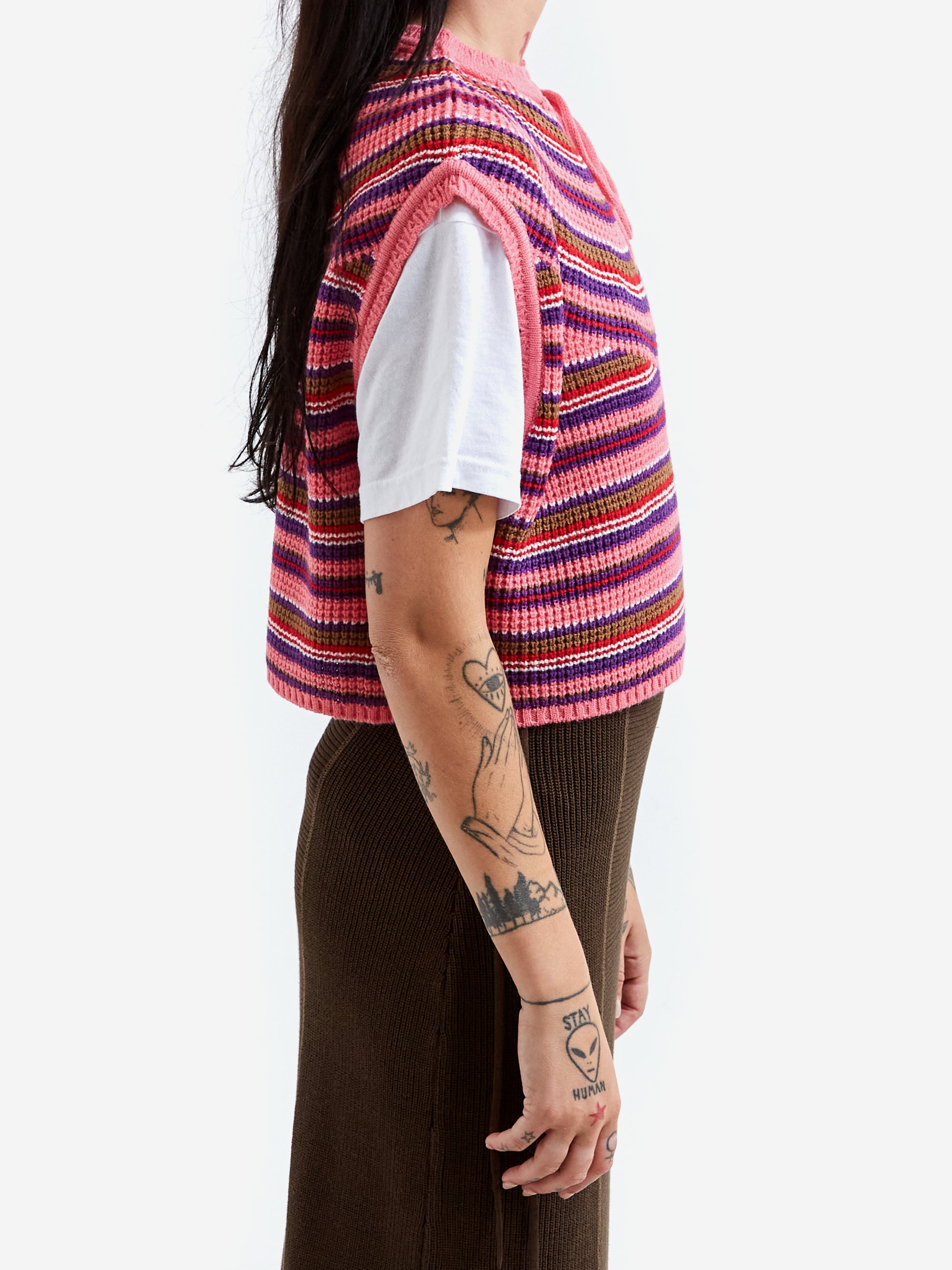 Beams Boy Multi Border Knit Vest - Fuchsia