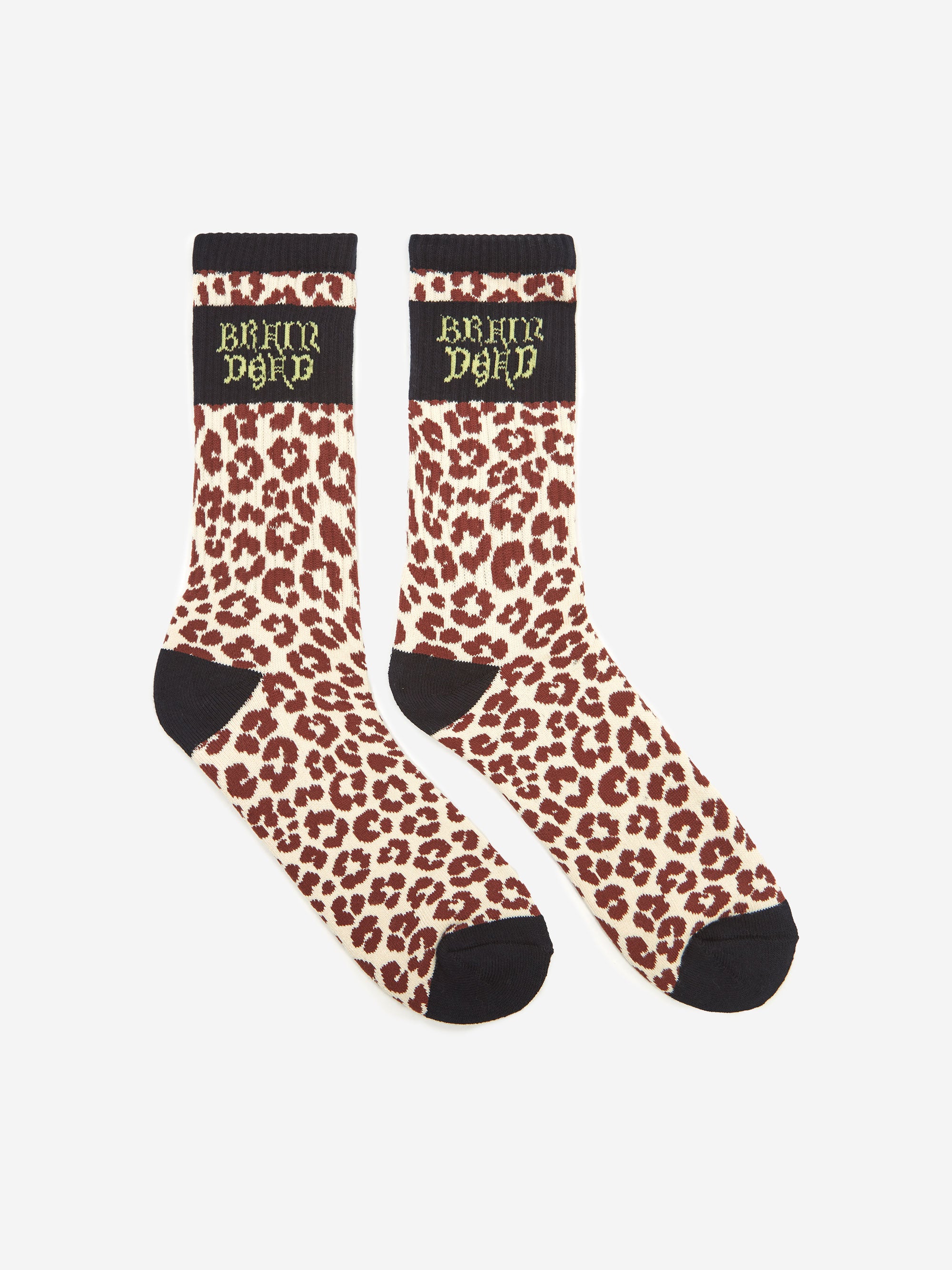 Image of Brain Dead Paneled Logo Crew Socks - Maroon Leopard/Navy
