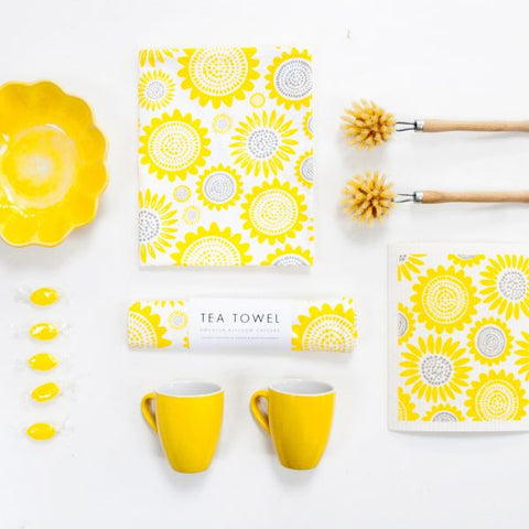 Sunflower tea towel and swedish dishcloth set