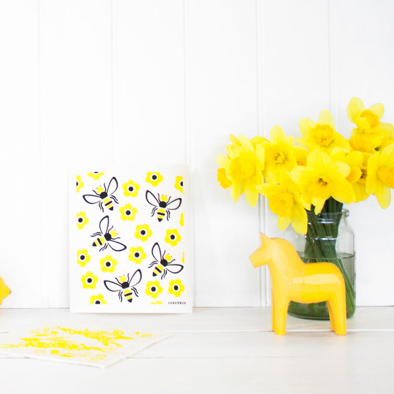 Compostable swedish dishcloth yellow bees pattern
