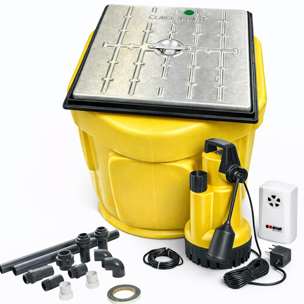 Sumpflo sump pump kit with sealed lid, submersible sump pump, PVC fittings, float switch, and water alarm on white background.