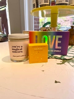 Gemini Gift Set: Love Card, You're a Magical Unicorn Candle, and Crystal Set