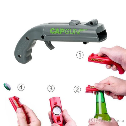 imagem de um abridor de garrafa atirador de tampas cap gun vermelho abrindo uma garrafa de cerveja e lançando a tampa