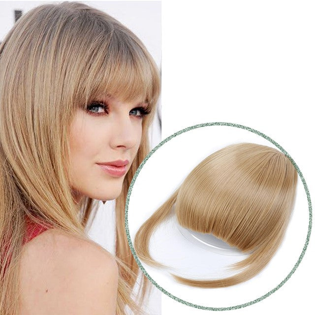 Hair bangs extension in light brown color with wavy texture Image link title