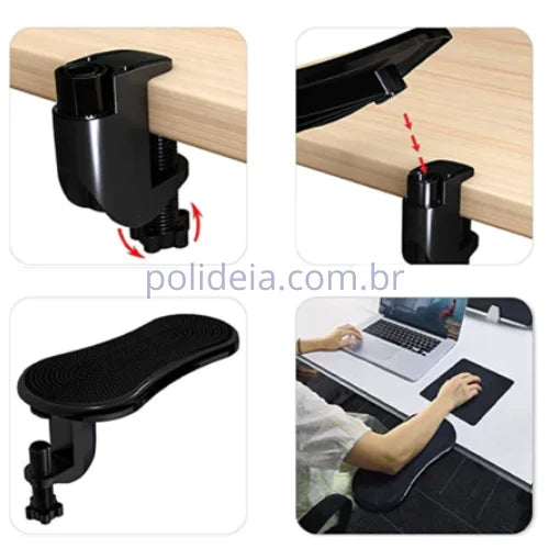 apoio de antebraço ergonômico para mesa preto, fixado na borda de uma mesa de madeira, com um notebook e um mouse sobre a mesa.