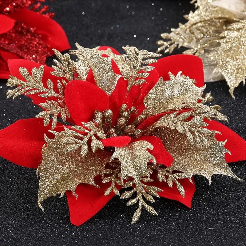 Decoração de Natal Enfeite de Flor: Transforme seu Natal em um conto de fadas com nossas encantadoras flores de Natal em PE e glitter