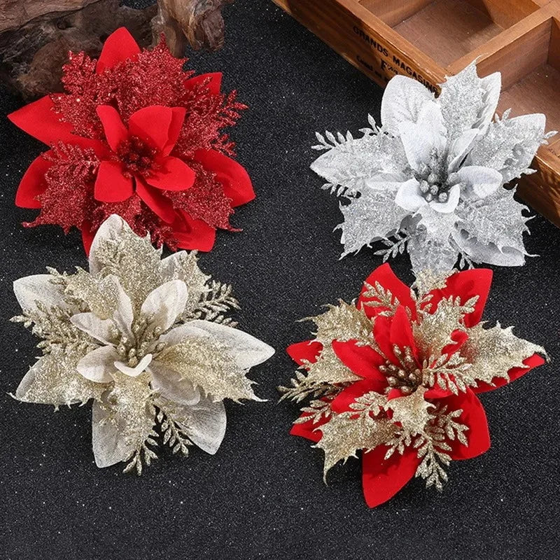 Decoração de Natal Enfeite de Flor: Transforme seu Natal em um conto de fadas com nossas encantadoras flores de Natal em PE e glitter