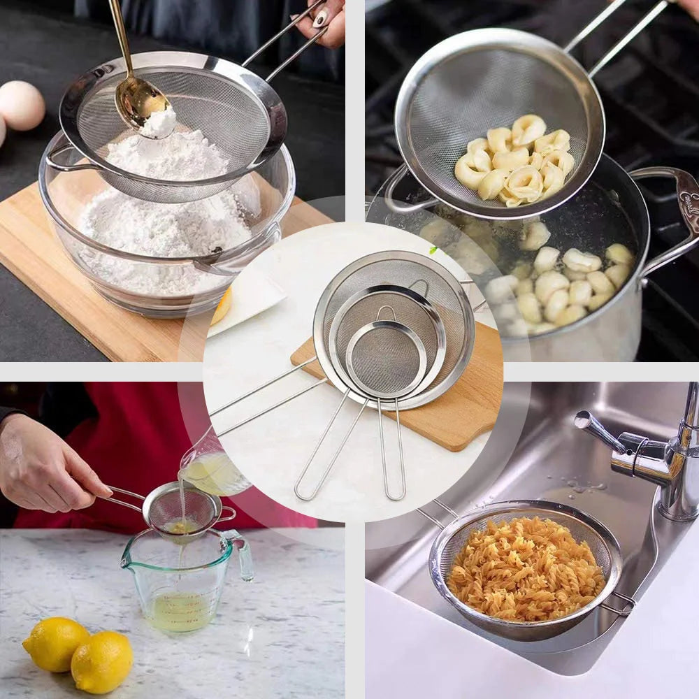 Kit 3 Peneiras de Inox: Transforme sua culinária com eficiência e estilo.