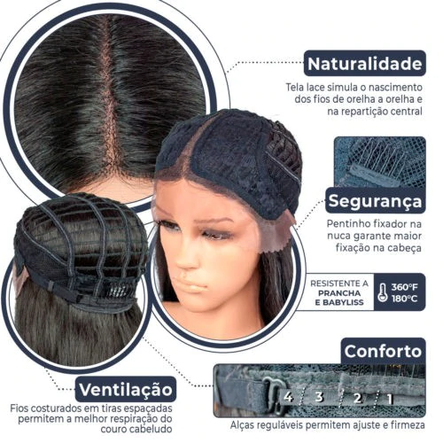 peruca lace cabelo humano liso com franja preta