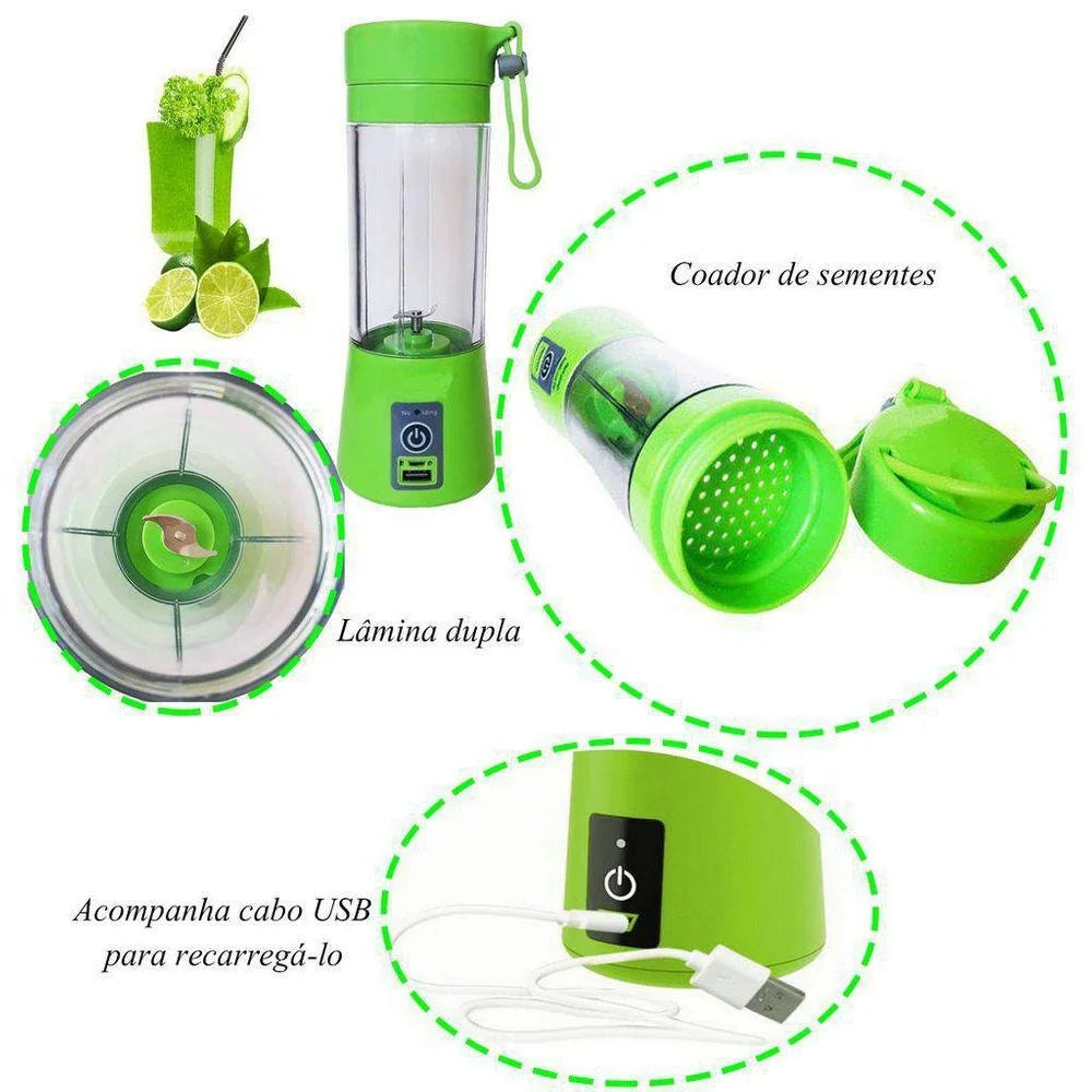 mini liquidificador verde com 6 lâminas de aço inoxidável e um copo transparente com suco de laranja.