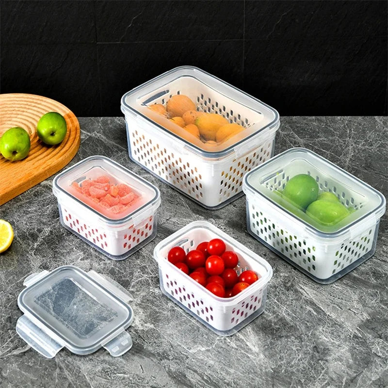 Organizador de Geladeira 2 em 1: Maximiza espaço e mantém frescor dos alimentos. Ideal para uma geladeira organizada e eficiente.