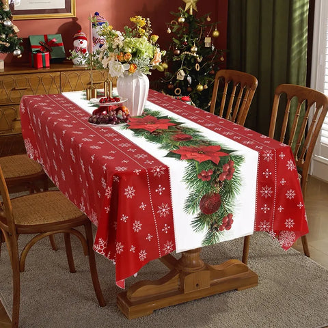 Toalha de Mesa de Natal em poliéster floral, cores "Feliz Natal", perfeita para uma decoração encantadora em casa, festas e eventos especiais