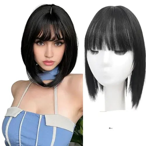 Topo de Cabelo Liso Feminino Natural com Franja e Fixação Segura