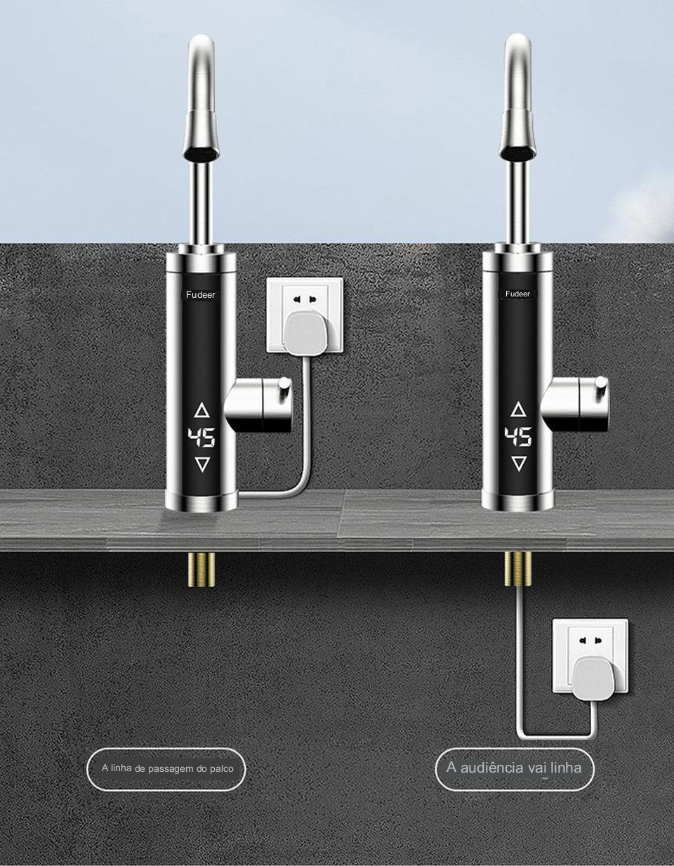 aquecedor de água elétrico de aço inoxidável com controle de temperatura de toque instalado em uma pia de cozinha. O aquecedor tem um design moderno e uma tela digital que mostra a temperatura da água.