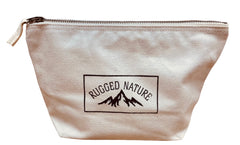 beige canvas zip wash bag with black rugged nature text and mountain logo