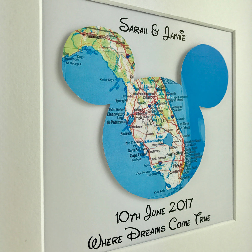 Framed Mickey Mouse Map Disney Engagement Gift Travel
