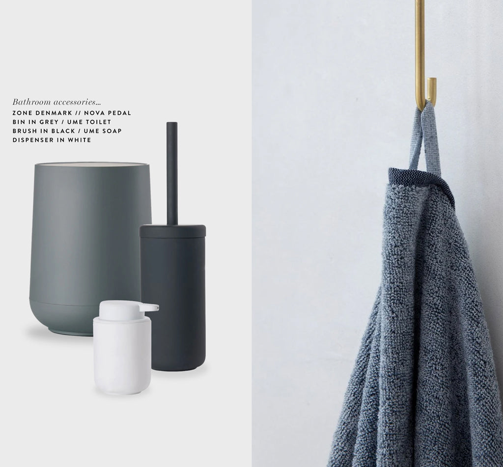 Bathroom accessories, Zone Denmark soap dispenser, pedal bin and toilet brush, Cultiver bath towels