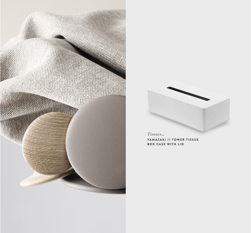 Bathroom accessories, Muuto wall hooks, Yamazaki Tower tissue box