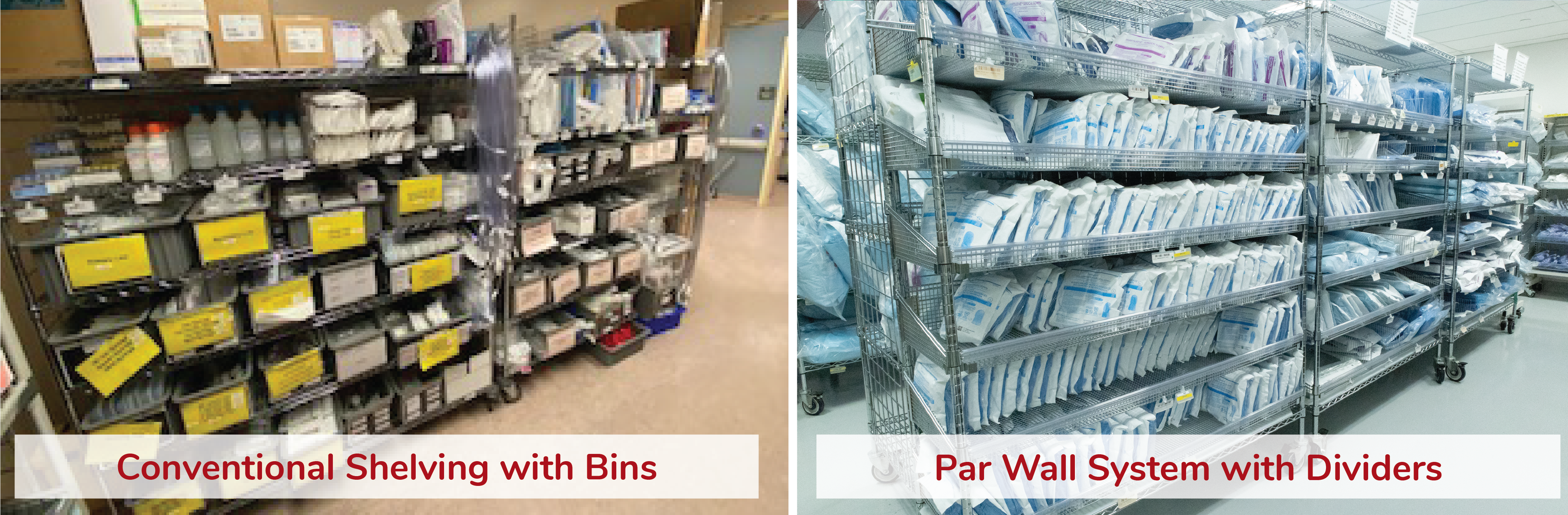 Second image comparison of Conventional Shelving with Bins and Par Wall System with Dividers