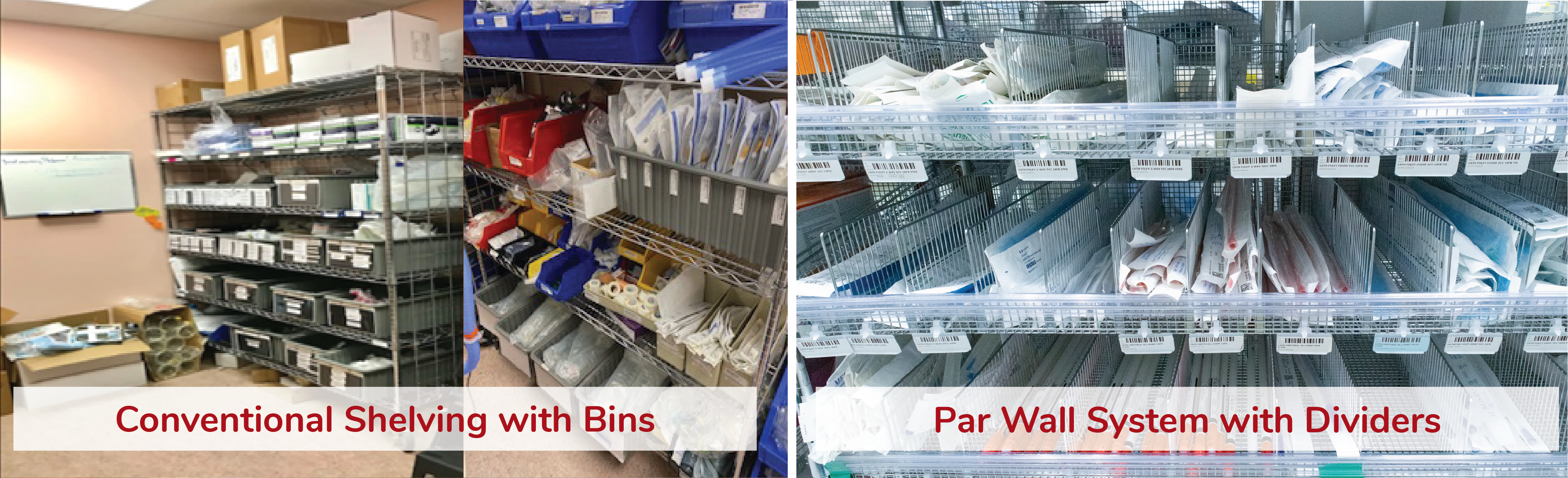 Image comparison of Conventional Shelving with Bins and Par Wall System with Dividers