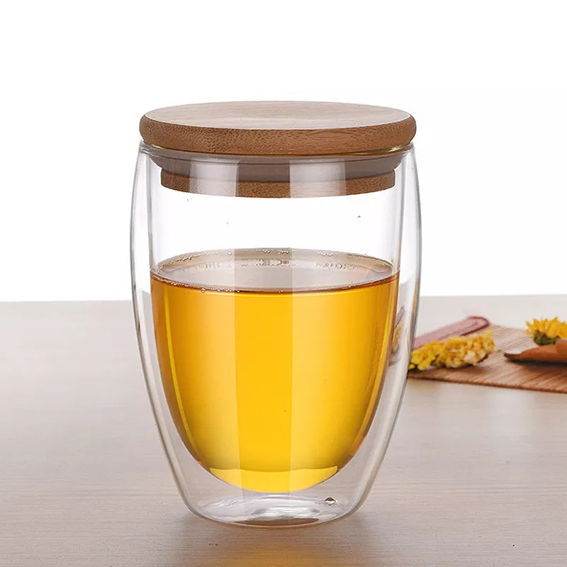 High borosilicate Double wall glass cup - Cappuccino with Bamboo Lid (250ml)