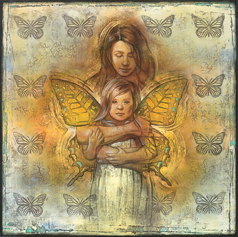 A Christian bereavement painting A woman holding a child surrounded by comforting butterflies.