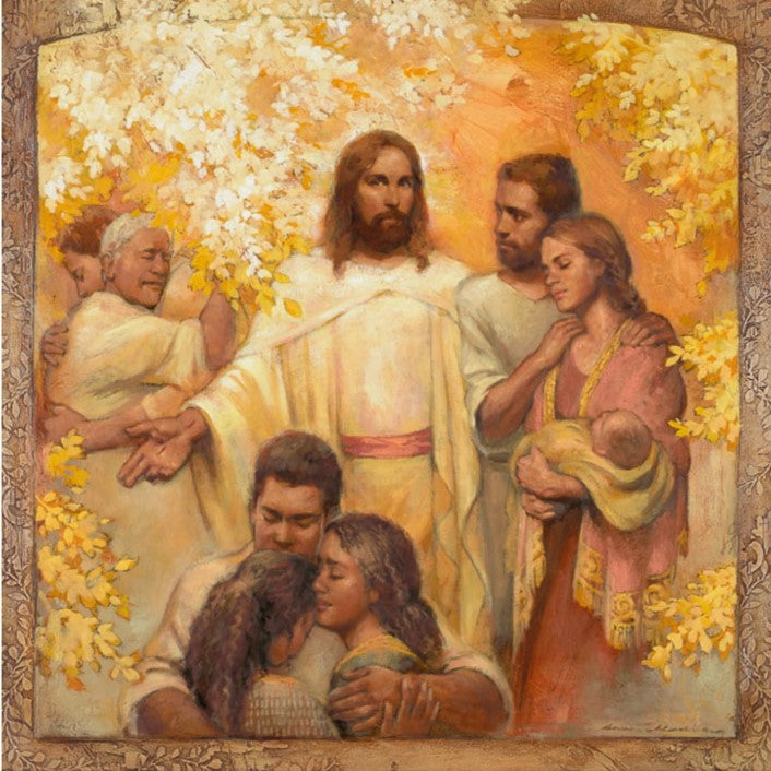 A painting of Jesus surrounded by people, offering comfort during times of grief. Unique Christian bereavement gifts and artwork