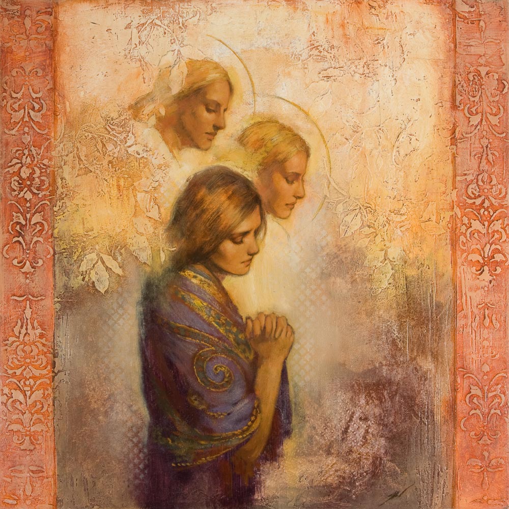 A painting of angels being prayed for, a unique Christian bereavement gift offering comfort during times of grief.