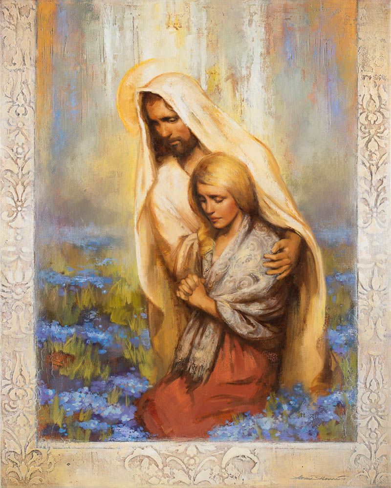 Jesus comforting a woman surrounded by blue flowers, symbolizing Christian bereavement gifts and offering comfort during times of grief.