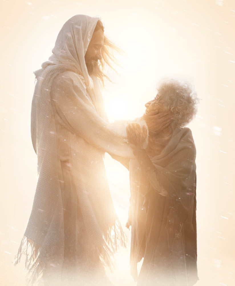 Jesus holding elderly woman's hand, providing comfort. Unique Christian Bereavement Gifts, Christian artwork for times of grief.