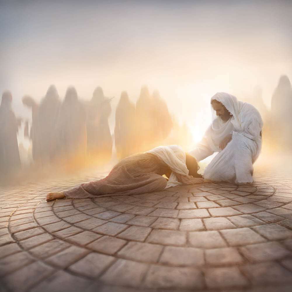 Jesus kneeling next to a woman, offering comfort. Unique Christian Bereavement Gifts, Christian artwork for solace in times of grief.