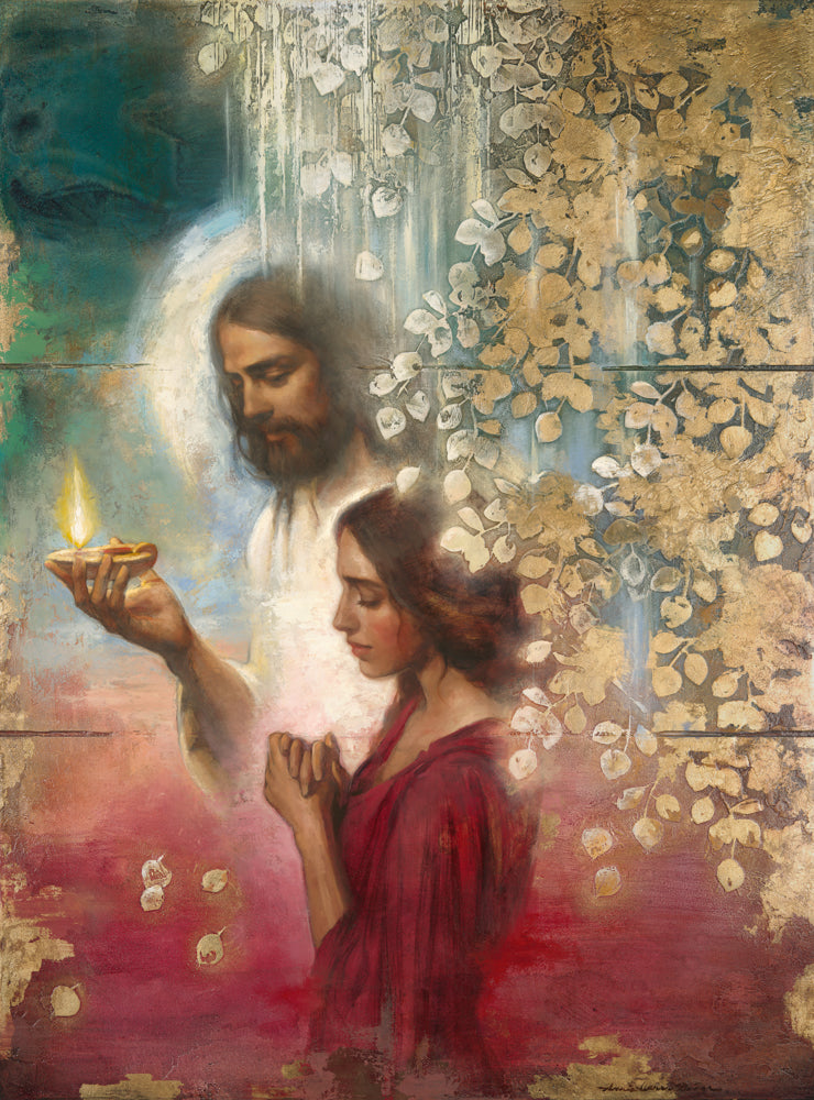 Painting of Jesus and a woman holding a candle, symbolizing Christian comfort and support in times of grief.