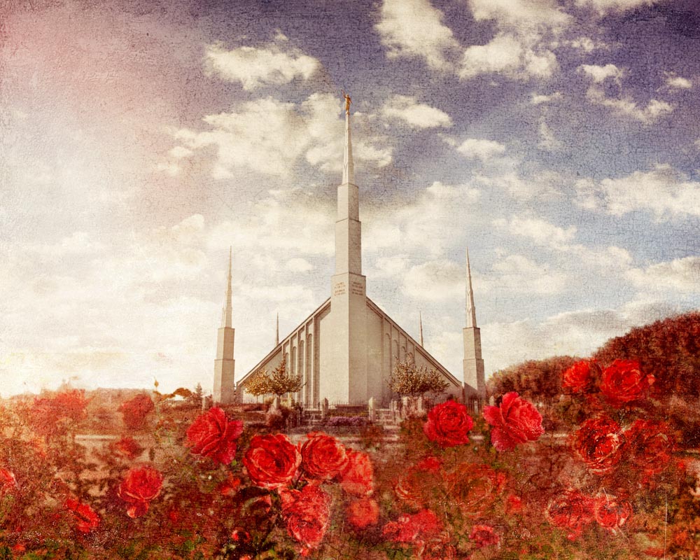 Boise Idaho Temple with Red roses. 
