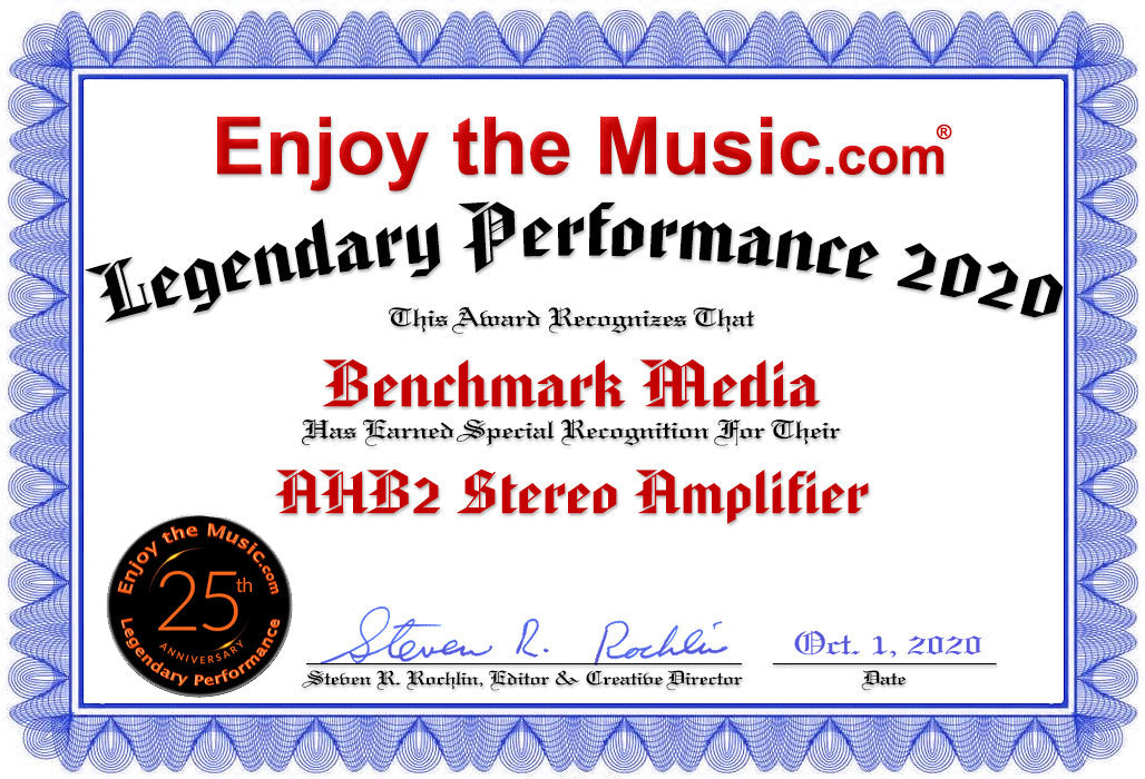 Legendary Performance 2020 Certificate - Benchmark AHB2 Power Amplifier