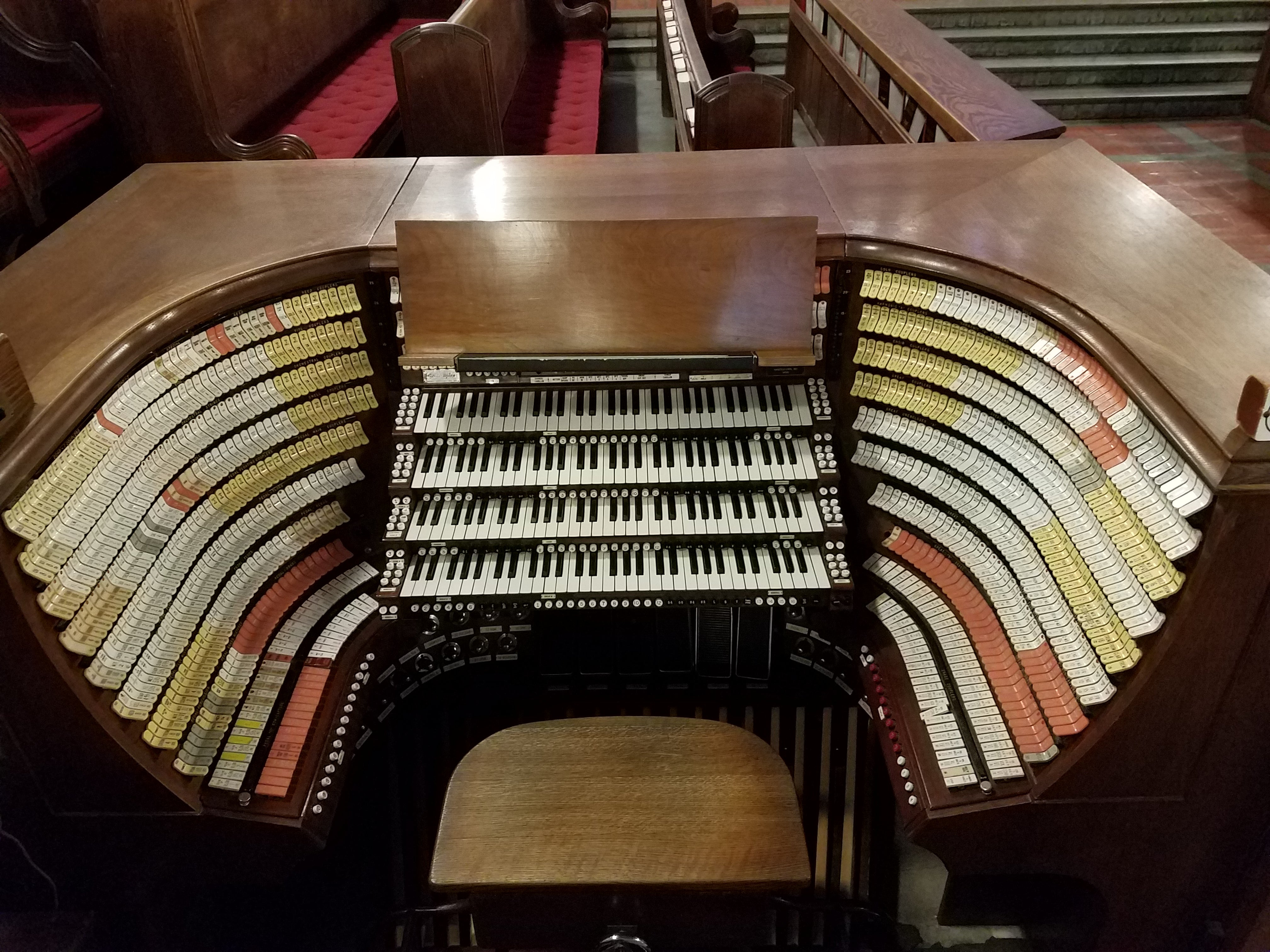 Organ Console in Cadet Chapel at West Point Military Academy - Largest chapel pipe organ in the world, 23,511 pipes - photo by John Siau