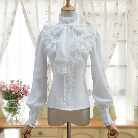 Retro blouse with lace stand-up collar