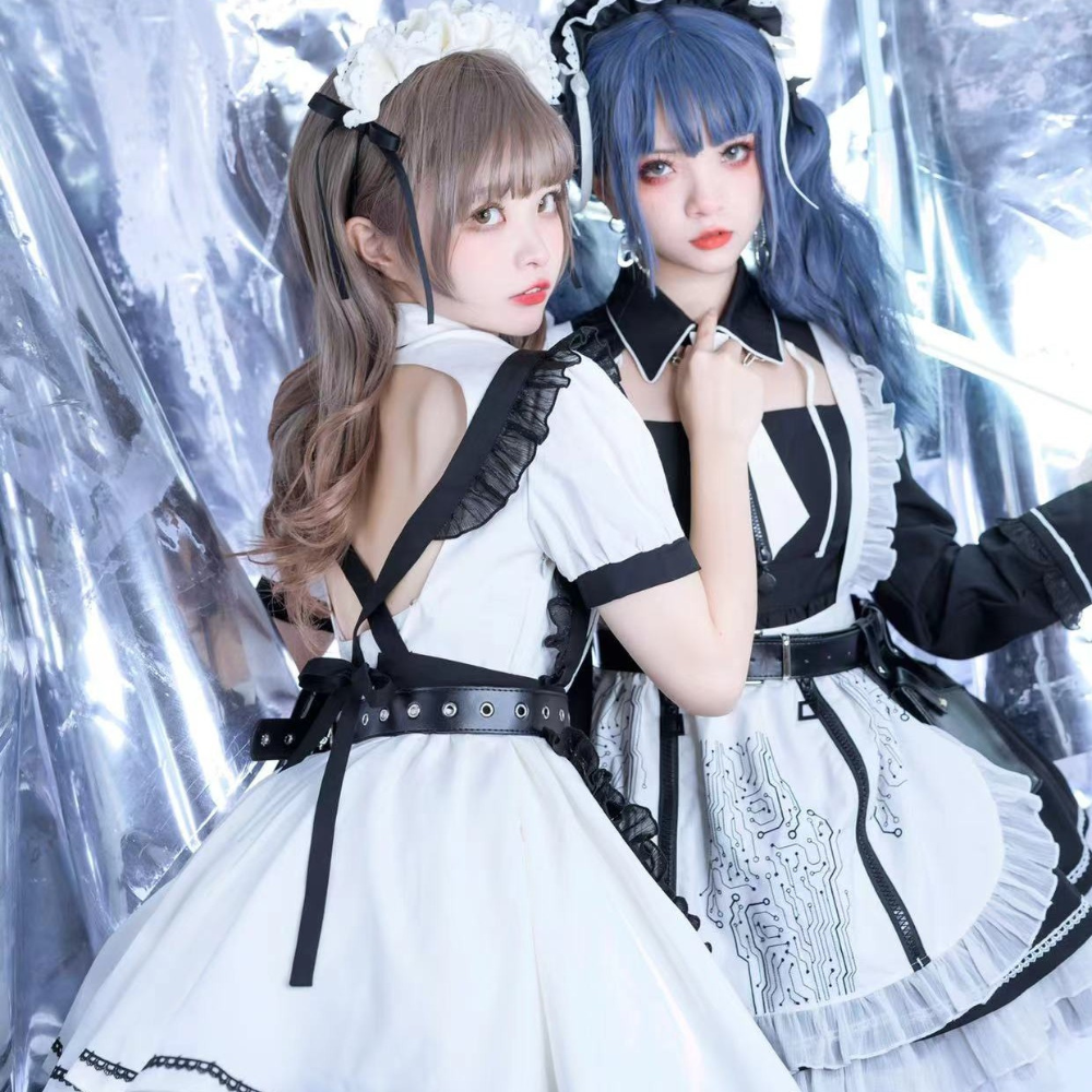 サイバーメイド 白黒 フリル付き（半袖・ノースリーブ メイド服