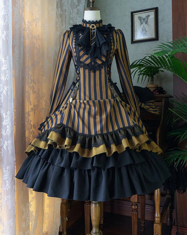 Gothic Lolita Stand Collar One Piece Vertical Striped Type