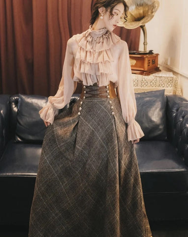 French retro frill blouse and plaid skirt setup