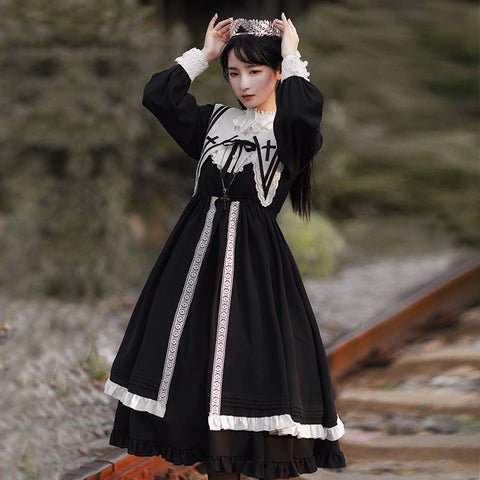 Halloween Lolita Witch Nun Classic A-line Skirt Nun Style Dress with Collar Witch