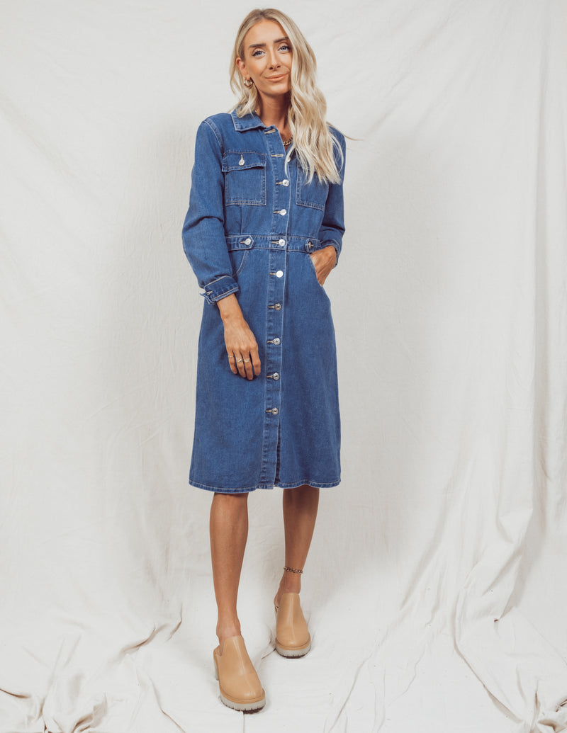 Alison Midi Dress Long Sleeve Front Split Denim Dress In, 45% OFF