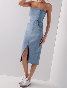 The Dallas Dress: Strapless Denim Midi Dress